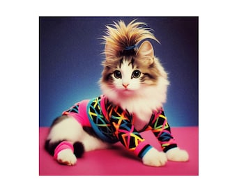 Pegatina de gato con retrato escolar de Vaporwave para centro comercial. Pegatina de vinilo de gatito. Pegatina de gato atigrado para portátil. Pegatina de gato para coche. Pegatina de gato con foto. Arte de gato de los años 80