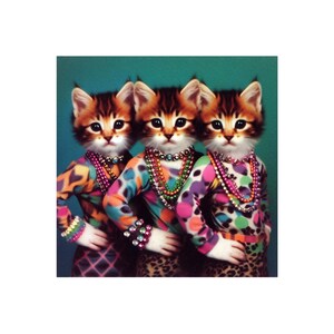 Vintage Schulporträt-Katzenaufkleber. Vinyl-Kitty Aufkleber. Mädchen Gruppe Katze Laptop Sticker. Fashion Cat Sticker. 1970er Jahre Katzenkunst.