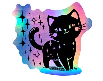 Holographic Cosmic Black Cat Sticker. Kitty Sticker. Cat Laptop Sticker. Cat Stocking Stuffer. Vinyl Laptop Cat. Stencil Black Kitty