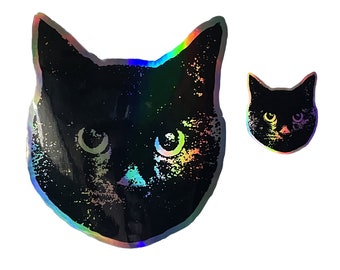 JUMBO GIANT Holographic Rainbow Black Cats. Vinyl Cat Stickers. Cat Laptop Sticker. Cat Car Sticker. Snowboard Sticker. Big Black Kitty Art