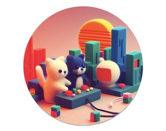 Puede incluir: Dos gatos de peluche, uno blanco y otro azul, están jugando a un juego en un dispositivo electrónico verde y azul. El dispositivo está rodeado de bloques coloridos y un robot rojo, blanco y azul. El fondo es una puesta de sol rosa y naranja.