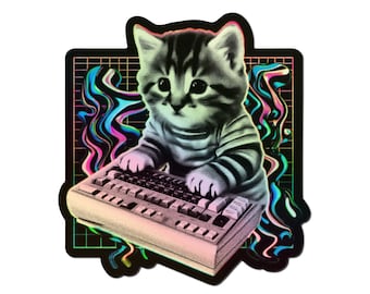Pegatina holográfica de gato para teclado. Pegatina de vinilo de gatito. Pegatina de gato para portátil. Pegatina de gato para coche. Pegatina de sintetizador. Arte de gato con sintetizador para botella de agua.