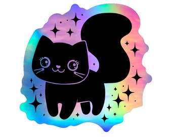 Holographic Cosmic Black Cat Sticker. Kitty Sticker. Cat Laptop Sticker. Cat Stocking Stuffer. Vinyl Laptop Cat. Stencil Black Kitty