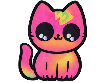 Holographic Pink Cat Sticker. Kitty Sticker. Cat Laptop Sticker. Cat Stocking Stuffer. Vinyl Laptop Cat. Fancy Cat Art. Psychedelic Cat