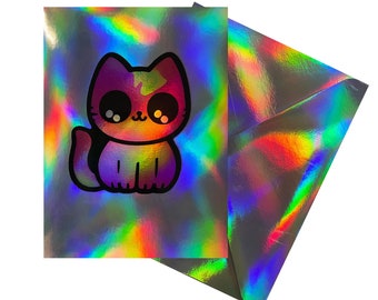 Holographic Folded Greeting Card. Cat Valentine. Rainbow Cat Birthday Card. Cat Sticker Card. Vinyl Kitty Sticker. Hologram Cat Art Card.