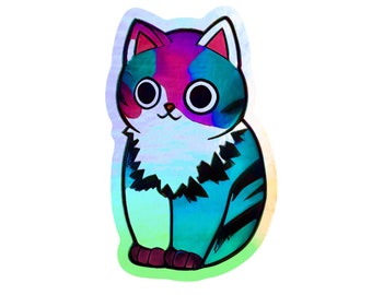 Holographic Punk Pink Blue Cat Sticker. Kitty Sticker. Cat Laptop Sticker. Cat Stocking Stuffer. Vinyl Laptop Cat. Fancy Kitty