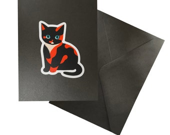 Black Folded Greeting Card. Cat Valentine. Cat Birthday Card. Cat Greeting. Cat Sticker Gift. Vinyl Kitty Sticker. Hologram Cat Art.