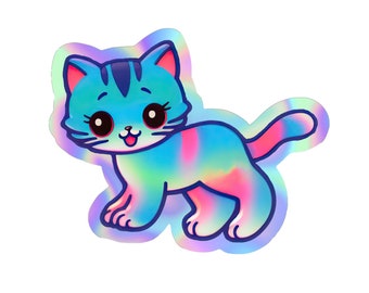 Holographic Pink Blue Cat Sticker. Kitty Sticker. Cat Laptop Sticker. Cat Stocking Stuffer. Vinyl Laptop Cat. Children's Illustration Kitty