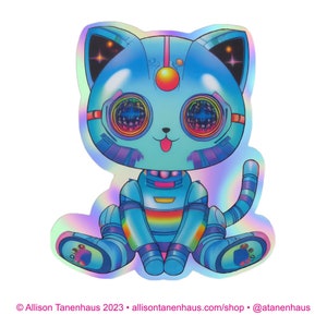 ホログラフィック サイボーグ ロボット猫の絵のステッカー。SF 子猫のステッカー。猫のラップトップ ステッカー。猫の車のステッカー。ビニール製のラップトップ猫。ウォーターボトル猫。