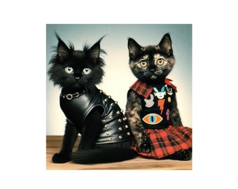 Pegatina de gato con retrato de escuela punk. Pegatina de vinilo de gatito. Pegatina para portátil de gato negro Tortie. Pegatina de gato para coche. Pegatina de gato para foto. Arte de gato de los años 80.