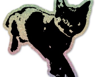 Pegatina de gatito negro con purpurina. Pegatina de gato arcoíris con purpurina para portátil. Pegatina de gato para coche. Vinilo adhesivo de gato para portátil. Gato para botella de agua. Arte de gato negro.