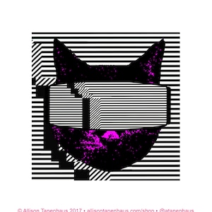 May include: Black and white illustration of a cat wearing a virtual reality headset. The cat's face is obscured by the headset, which is made of black and white stripes. The cat's ears are visible, and the background is a black and white striped pattern.