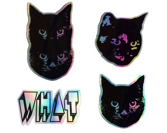 1 WAT + 3 zwarte kattenstickers van schildpad • Holografisch combopakket • Kitty-sticker. Laptop sticker kat. Vinyllaptop. Waterfles sticker