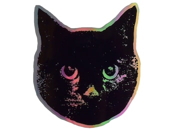 Holographic Black Cat Sticker. Vinyl Kitty Sticker. Cat Laptop Sticker. Cat Stocking Stuffer. Vinyl Laptop Cat. Water Bottle. Black Kitty