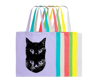 Double Black Cat Cotton Tote Bag. Black Kitty Bag. Cat Tote. Cat Purse. Silkscreened Cat Fashion. Black Cat Art. Black Cat Gift. Cat LP Bag.