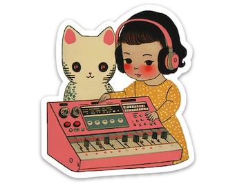 Analog Synth Girl Cat Sticker. Vinyl Kitty Sticker. Cat Laptop Sticker. Modular Synth. Vinyl Laptop Cat Water Bottle Sticker. White Cat