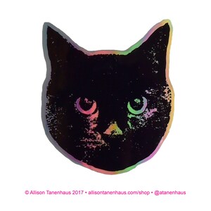 Holographic Black Cat Sticker. Vinyl Kitty Sticker. Cat Laptop Sticker. Cat Stocking Stuffer. Vinyl Laptop Cat. Water Bottle. Black Kitty