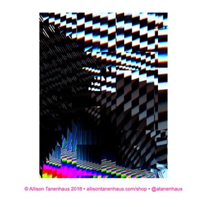 May include: Abstract digital art with a checkered pattern in black, white, and blue. The pattern is distorted and appears to be moving. The background is black with hints of green, red, and purple.