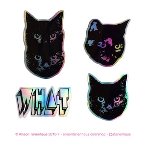 1 WHAT + 3 Schildpatt Black Cat Sticker • Holographic Combo Pack • Kitty Sticker. Katze Laptop Aufkleber. Vinyl Laptop. Wasserflasche Sticker