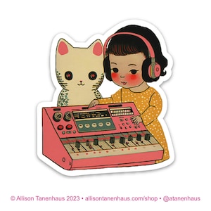 Analog Synth Girl Cat Sticker. Vinyl Kitty Sticker. Cat Laptop Sticker. Modular Synth. Vinyl Laptop Cat Water Bottle Sticker. White Cat