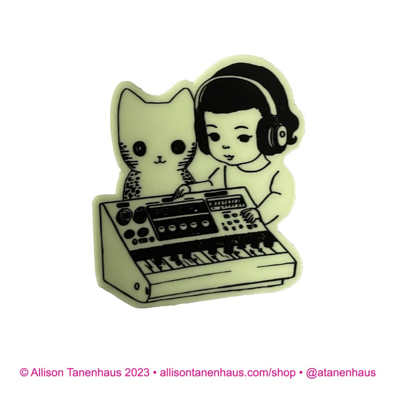 Glow-in-the-Dark Analog Synth Girl Cat Sticker. Vinyl Kitty Sticker. Cat Laptop Sticker. Modular Synth. Vinyl Laptop Water Bottle Sticker image 2