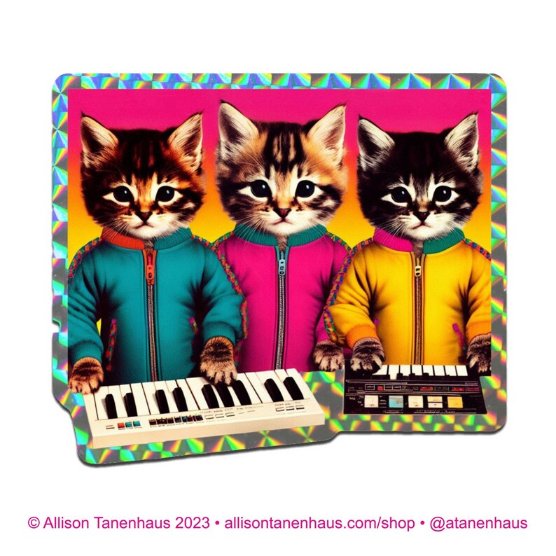 Prismatic Keyboard Cat Sticker. Vinyl Kitty Sticker. Cat Laptop Sticker. Cat Car Sticker. Synthesizer Sticker. Waterbottle Synth Cat Art. image 1