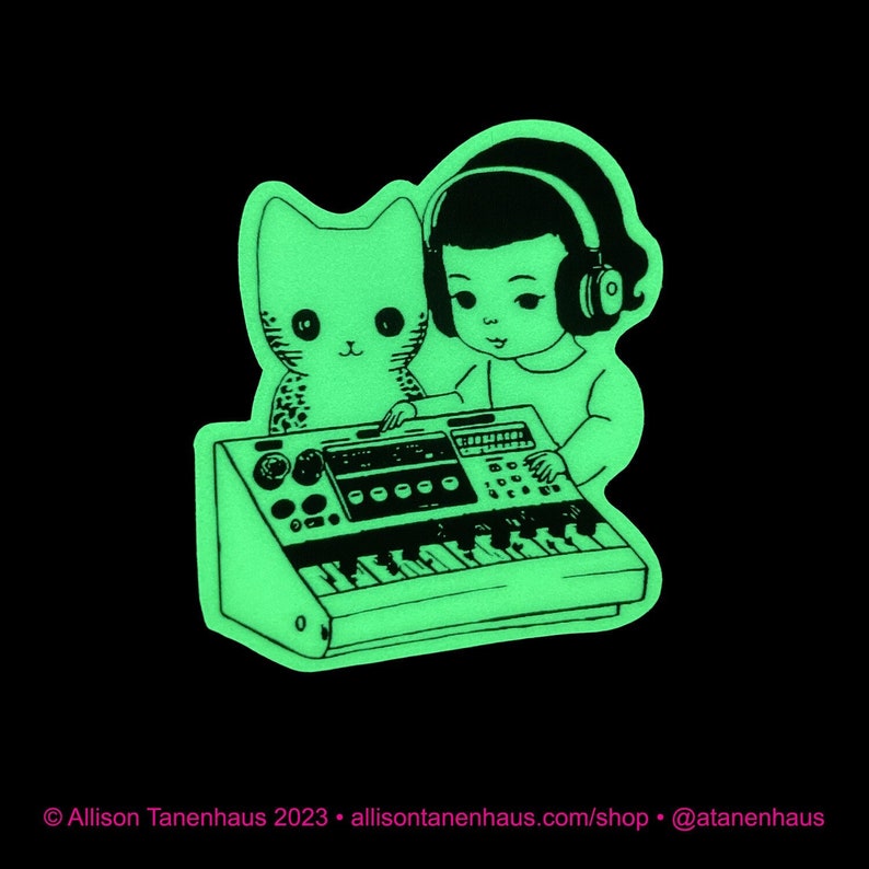Glow-in-the-Dark Analog Synth Girl Cat Sticker. Vinyl Kitty Sticker. Cat Laptop Sticker. Modular Synth. Vinyl Laptop Water Bottle Sticker image 1