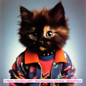 Punk School Portrait Cat Sticker. Vinyl Kitty Sticker. Tortie Cat Laptop Sticker. Cat Car Sticker. Cat Photo Sticker. 1980s Cat Art. image 2