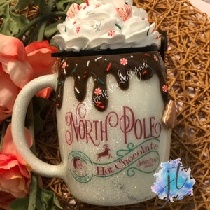 CUSTOM Holiday North Pole Hot Chocolate 14oz mug w/Whipped Cream topper and straw