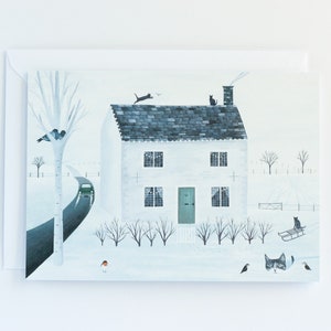 Carte de Noël / hiver mignonne pour les amoureux des chats, maman, papa, parents, grands-parents. Chalet confortable dans la neige