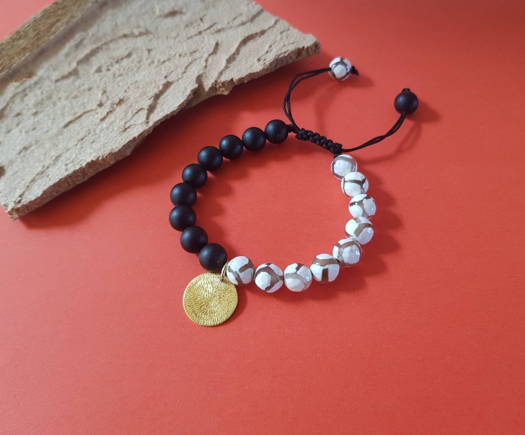 Black and White Beaded Bracelet Matte Onyx and Gold Bracelet Etsy