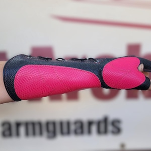 Black and Hot Pink Leather Arm Guard and 3 Finger Shooting Tab. Bow Hand Shooting Glove
