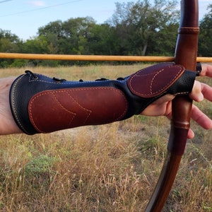 Small/Youth/Petite Black and Burgundy Leather Arm Guard & Bow Hand Shooting Glove, Left Hand, Small
