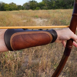 Brown Leather Bracer Arm Guard and 3 Finger Shooting Tab. Left Arm, Medium to Large