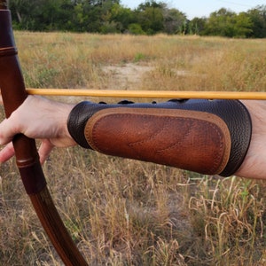 Brown Leather Bracer Arm Guard and 3 Finger Shooting Tab. Right Arm, Medium to Large