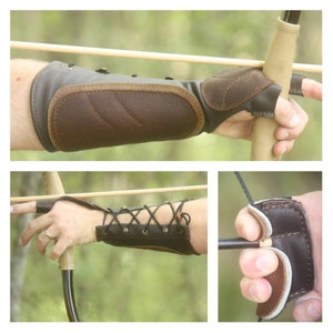 Woodland Brown Leather Arm Guard and 3 Finger Shooting Tab. Bow Hand Shooting Glove, Left Hand, Medium to Large