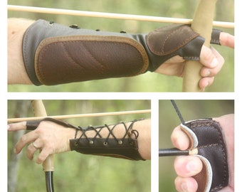 Woodland Brown Leather Arm Guard and 3 Finger Shooting Tab. Bow Hand Shooting Glove, Left Hand, Medium to Large