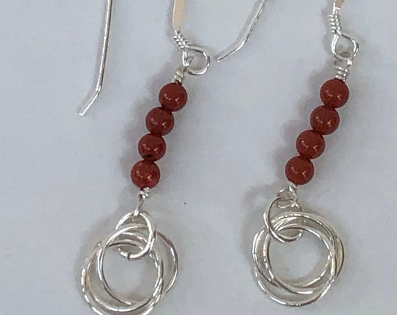 Red jasper earrings, red jasper and ring earring, semi precious earrings, sterling silver and red jasper earrings, red jasper dangle earring