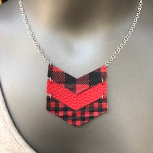 buffalo plaid chevron necklace, faux leather choker, red and black chevron buffalo plaid choker