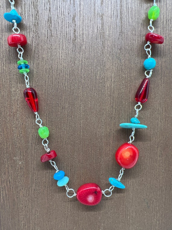 Western lariat necklace with turquoise and red beads and deer skin lacing, hand wrapped beaded necklace and deer skin laces.