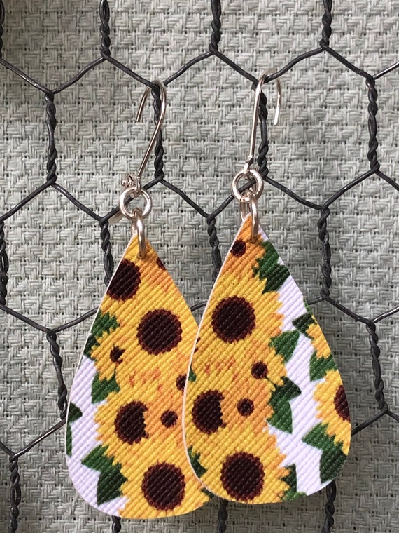 Sunflower earrings, sunflower teardrop faux leather earrings, fun summertime jewelry, spring flowers