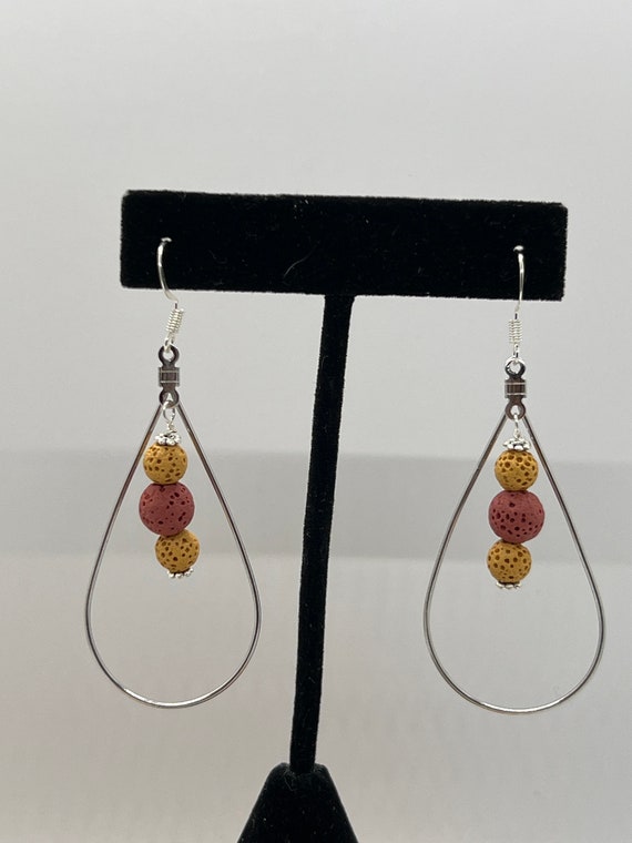 Lava stone earrings, Essential oil earrings, teardrop earrings, mustard yellow and terra cotta lava rock earrings.