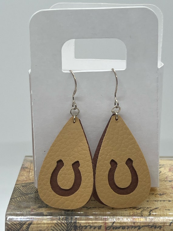 horseshoe earrings, faux leather earrings, teardrop earring, cowgirl earrings, equestrian jewelry, two toned faux leather