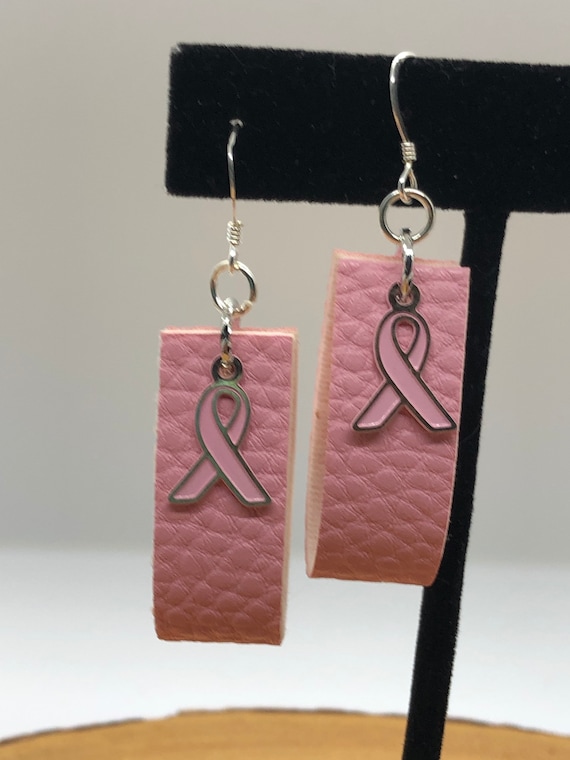 pink faux leather loop earrings with pink ribbon charm, simple loop earrings, faux leather earrings, loop earrings in pink faux leather.