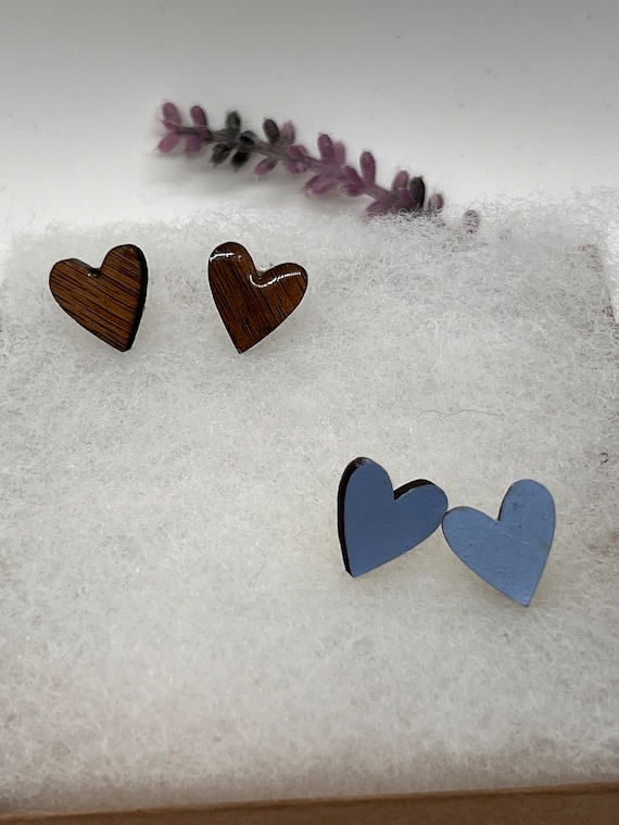 Wood heart earrings, painted wood heart post earrings, natural black walnut wood post earrings