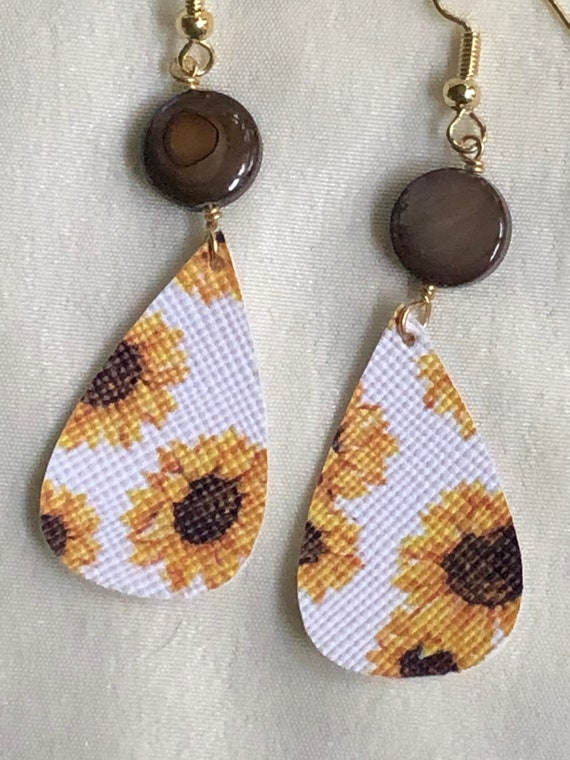 Sunflower earrings, gold faux leather sunflower teardrop earrings, gold sunflower teardrop earrings, sunflower earrings