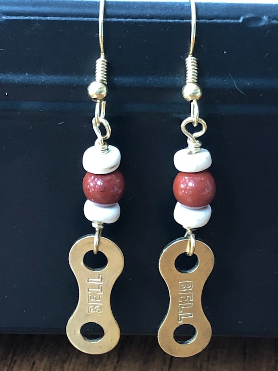 Bicycle earrings, bicycle chain link earrings, bike chain earrings, bike chain connector link earrings, bicycle lovers gift red jasper