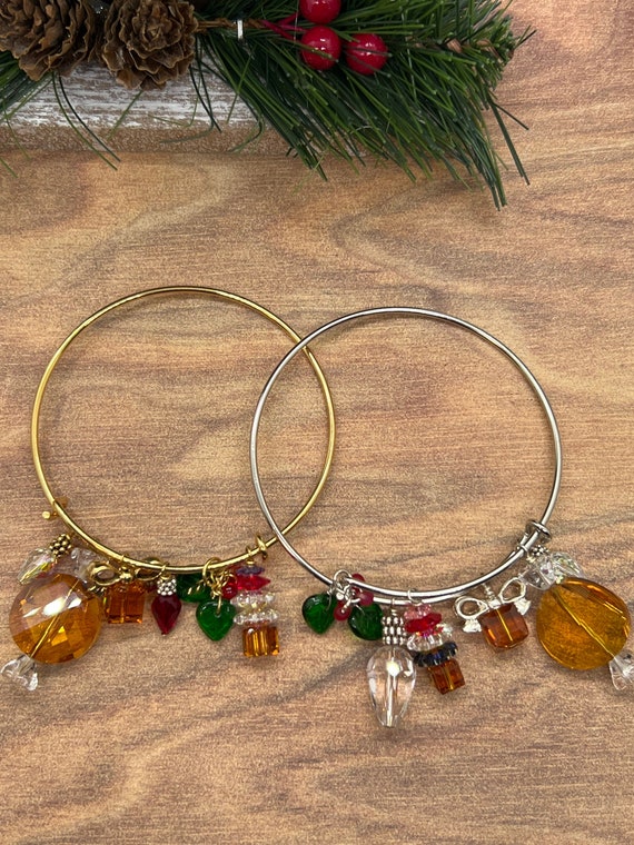 Christmas bracelet, Christmas charms , Holiday theme handmade crystal charms, holiday bangle charm bracelet