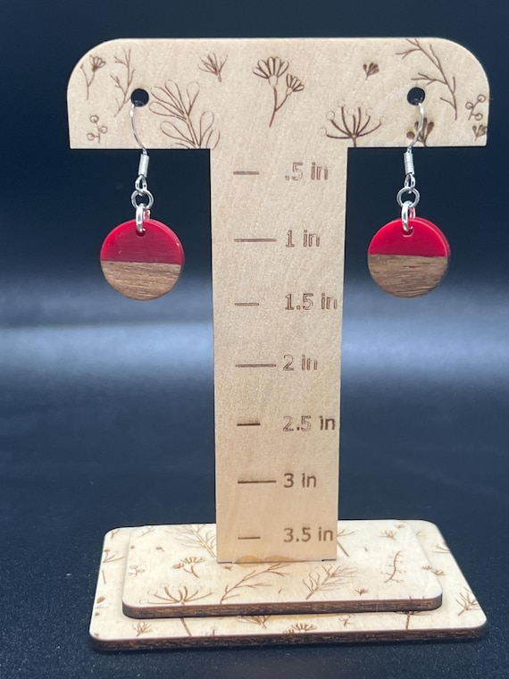 Walnut Wood & Red Resin Earrings • Boho Hypoallergenic Dangles
