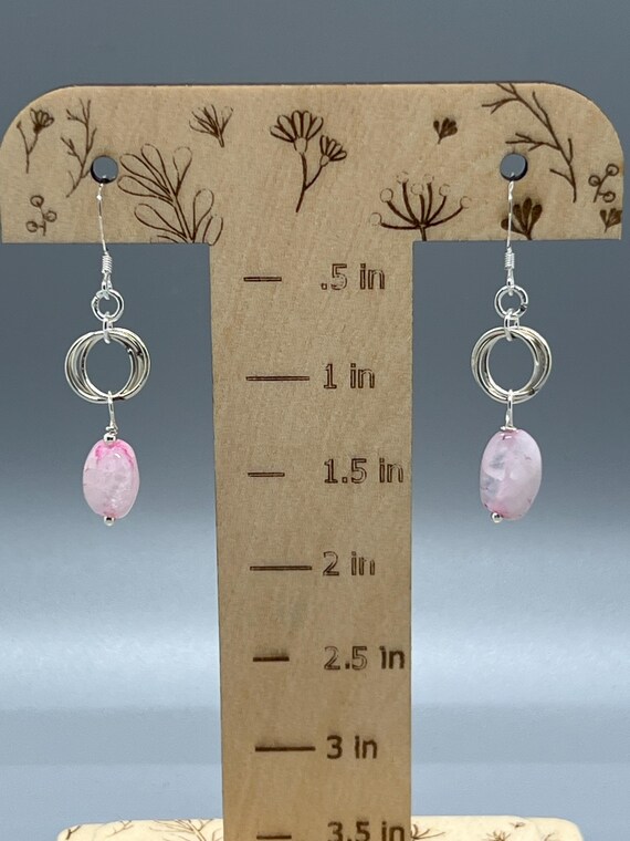 Rose Quartz & Sterling Silver Interlocking Ring Earrings – Three Linked Circles – Minimalist Pink Gemstone Dangles